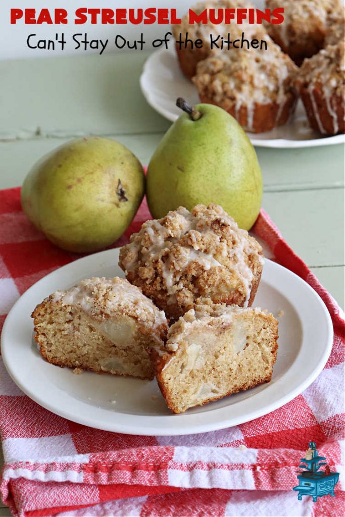 Pear Streusel Muffins | Can't Stay Out of the Kitchen | these spectacular #muffins are filled with #pears, & #yogurt to keep them moist. Spices like #cloves, #cinnamon & #allspice amp up the flavors without overwhelming the muffins. The #StreuselTopping provides texture & the glaze a little more sweetness to make these muffins a drool-worthy experience! Great for a weekend, company or #holiday #breakfast. #PearStreuselMuffins