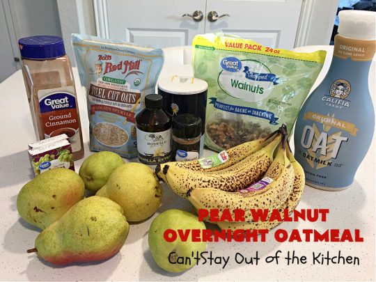 Pear Walnut Overnight Oatmeal | Can't Stay Out of the Kitchen | this delicious #oatmeal #recipe uses #pears, #bananas & #raisins to sweeten it so it's #SugarFree. Also #vegan #DairyFree & #GlutenFree. Terrific for a company or #holiday #breakfast & reheats easily. Perfect breakfast option if you have a programmable timer on your #SlowCooker. #walnuts #Crockpot #HolidayBreakfast #OvernightOatmeal #PearWalnutOvernightOatmeal