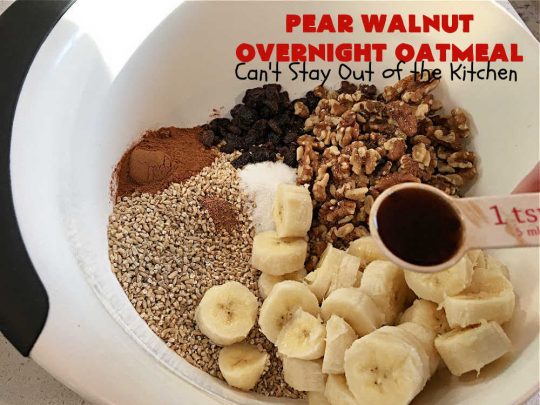 Pear Walnut Overnight Oatmeal | Can't Stay Out of the Kitchen | this delicious #oatmeal #recipe uses #pears, #bananas & #raisins to sweeten it so it's #SugarFree. Also #vegan #DairyFree & #GlutenFree. Terrific for a company or #holiday #breakfast & reheats easily. Perfect breakfast option if you have a programmable timer on your #SlowCooker. #walnuts #Crockpot #HolidayBreakfast #OvernightOatmeal #PearWalnutOvernightOatmeal