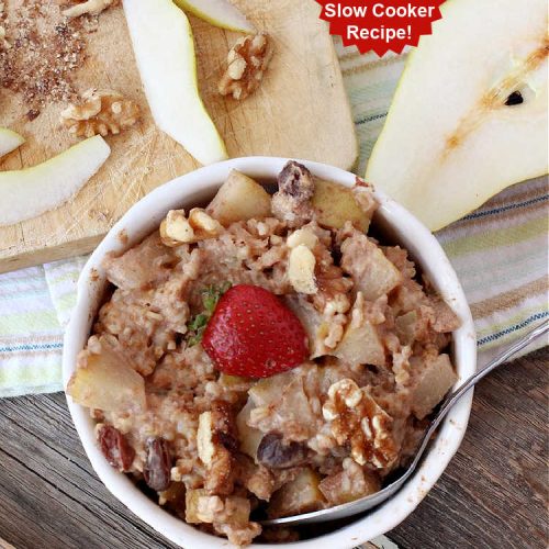 Pear Walnut Overnight Oatmeal | Can't Stay Out of the Kitchen | this delicious #oatmeal #recipe uses #pears, #bananas & #raisins to sweeten it so it's #SugarFree. Also #vegan #DairyFree & #GlutenFree. Terrific for a company or #holiday #breakfast & reheats easily. Perfect breakfast option if you have a programmable timer on your #SlowCooker. #walnuts #Crockpot #HolidayBreakfast #OvernightOatmeal #PearWalnutOvernightOatmeal