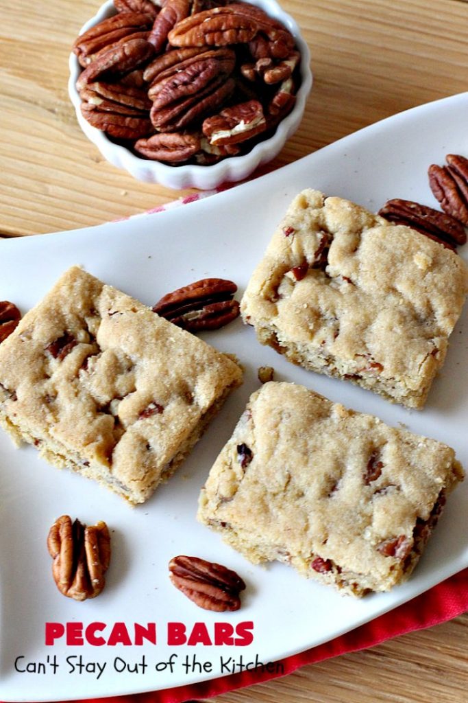 Pecan Bars | Can't Stay Out of the Kitchen | these delightful treats are absolutely dreamy. They'll cure any sweet tooth craving. If you enjoy #pecans you'll rave over this marvelous #cookie. #Holiday #dessert #PecanDessert #HolidayDessert #PecanPie #PecanBars #ChristmasCookieExchange #ValentinesDay