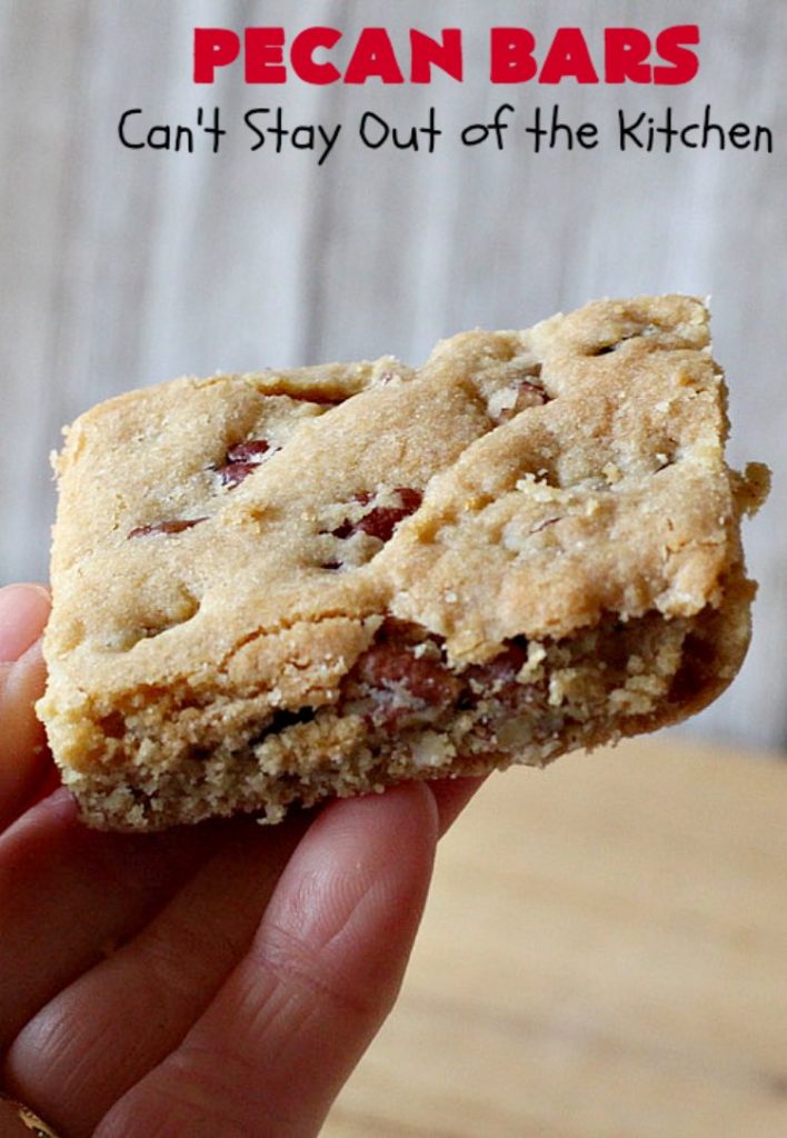 Pecan Bars | Can't Stay Out of the Kitchen | these delightful treats are absolutely dreamy. They'll cure any sweet tooth craving. If you enjoy #pecans you'll rave over this marvelous #cookie. #Holiday #dessert #PecanDessert #HolidayDessert #PecanPie #PecanBars #ChristmasCookieExchange #ValentinesDay
