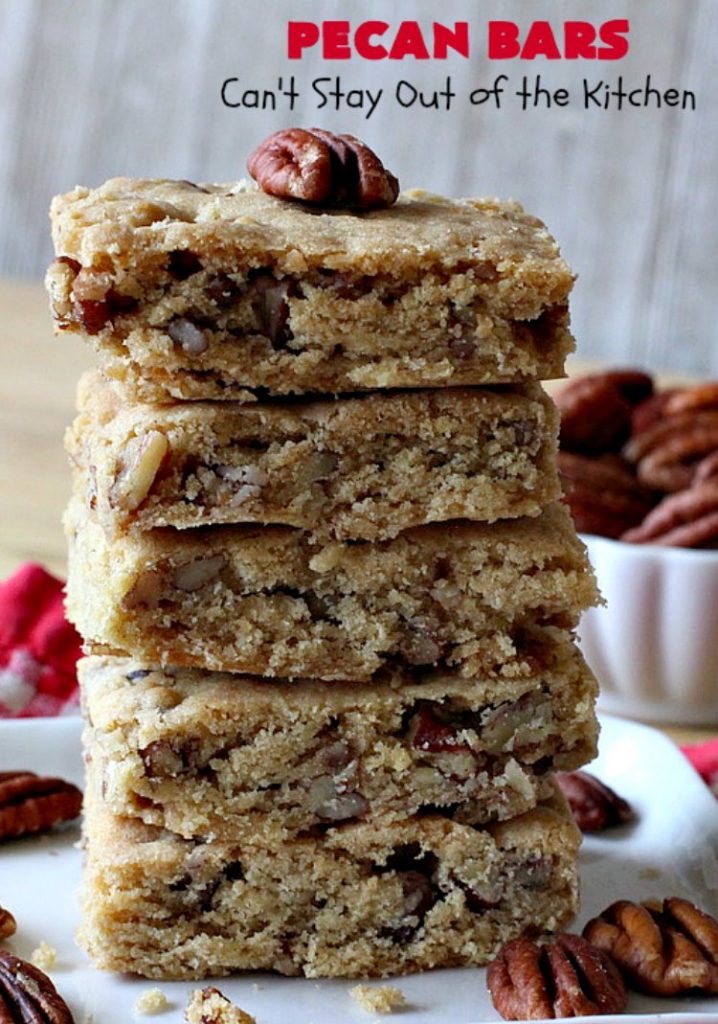 Pecan Bars | Can't Stay Out of the Kitchen | these delightful treats are absolutely dreamy. They'll cure any sweet tooth craving. If you enjoy #pecans you'll rave over this marvelous #cookie. #Holiday #dessert #PecanDessert #HolidayDessert #PecanPie #PecanBars #ChristmasCookieExchange #ValentinesDay