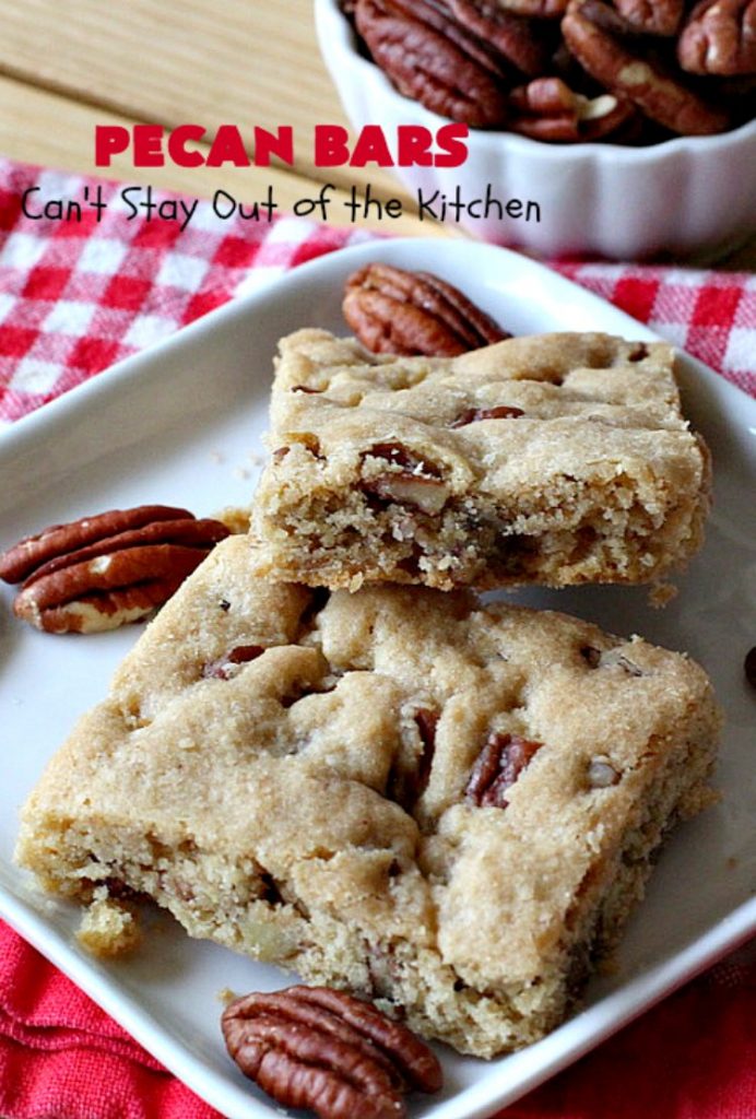 Pecan Bars | Can't Stay Out of the Kitchen | these delightful treats are absolutely dreamy. They'll cure any sweet tooth craving. If you enjoy #pecans you'll rave over this marvelous #cookie. #Holiday #dessert #PecanDessert #HolidayDessert #PecanPie #PecanBars #ChristmasCookieExchange #ValentinesDay