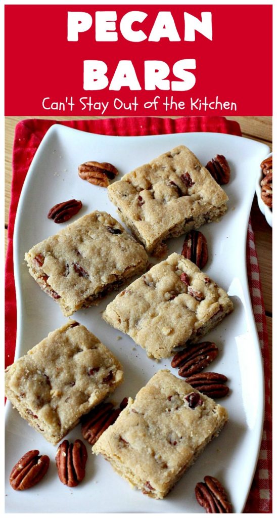 Pecan Bars | Can't Stay Out of the Kitchen | these delightful treats are absolutely dreamy. They'll cure any sweet tooth craving. If you enjoy #pecans you'll rave over this marvelous #cookie. #Holiday #dessert #PecanDessert #HolidayDessert #PecanPie #PecanBars #ChristmasCookieExchange #ValentinesDay