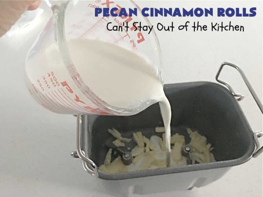 Pecan Cinnamon Rolls | Can't Stay Out of the Kitchen | these delightful #CinnamonRolls are light & fluffy & so easy since they're mixed & raised in the #breadmaker! They have a luscious #ButtercreamFrosting & a #cinnamon & #pecan filling that will make you swoon from the first bite! Great for a #holiday #breakfast like #Thanksgiving or #Christmas. #PecanCinnamonRolls