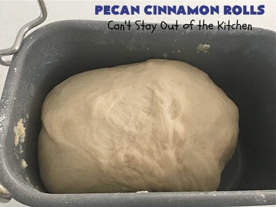Pecan Cinnamon Rolls | Can't Stay Out of the Kitchen | these delightful #CinnamonRolls are light & fluffy & so easy since they're mixed & raised in the #breadmaker! They have a luscious #ButtercreamFrosting & a #cinnamon & #pecan filling that will make you swoon from the first bite! Great for a #holiday #breakfast like #Thanksgiving or #Christmas. #PecanCinnamonRolls