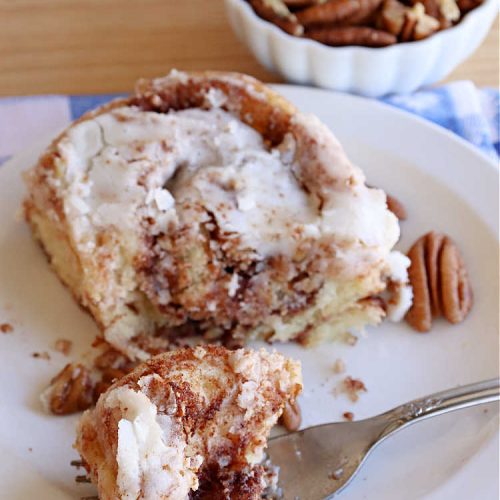 Pecan Cinnamon Rolls | Can't Stay Out of the Kitchen | these delightful #CinnamonRolls are light & fluffy & so easy since they're mixed & raised in the #breadmaker! They have a luscious #ButtercreamFrosting & a #cinnamon & #pecan filling that will make you swoon from the first bite! Great for a #holiday #breakfast like #Thanksgiving or #Christmas. #PecanCinnamonRolls