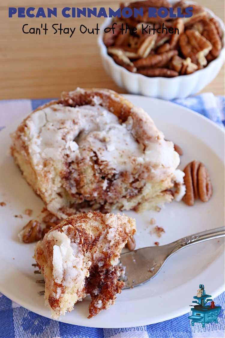 Pecan Cinnamon Rolls | Can't Stay Out of the Kitchen | these delightful #CinnamonRolls are light & fluffy & so easy since they're mixed & raised in the #breadmaker! They have a luscious #ButtercreamFrosting & a #cinnamon & #pecan filling that will make you swoon from the first bite! Great for a #holiday #breakfast like #Thanksgiving or #Christmas. #PecanCinnamonRolls