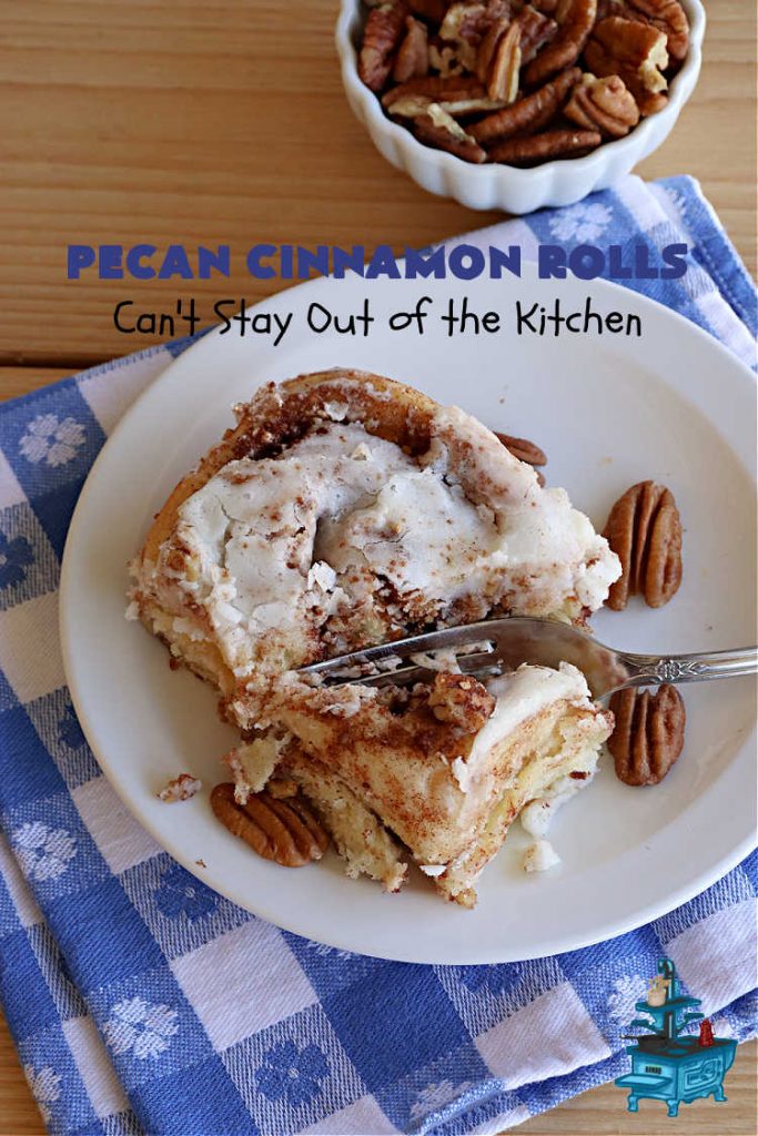 Pecan Cinnamon Rolls | Can't Stay Out of the Kitchen | these delightful #CinnamonRolls are light & fluffy & so easy since they're mixed & raised in the #breadmaker! They have a luscious #ButtercreamFrosting & a #cinnamon & #pecan filling that will make you swoon from the first bite! Great for a #holiday #breakfast like #Thanksgiving or #Christmas. #PecanCinnamonRolls
