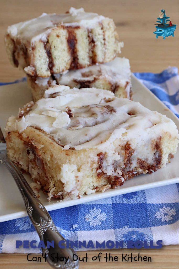 Pecan Cinnamon Rolls | Can't Stay Out of the Kitchen | these delightful #CinnamonRolls are light & fluffy & so easy since they're mixed & raised in the #breadmaker! They have a luscious #ButtercreamFrosting & a #cinnamon & #pecan filling that will make you swoon from the first bite! Great for a #holiday #breakfast like #Thanksgiving or #Christmas. #PecanCinnamonRolls