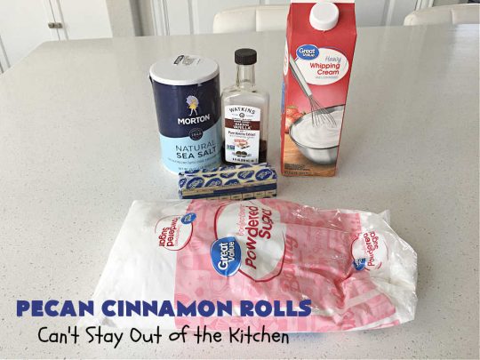 Pecan Cinnamon Rolls | Can't Stay Out of the Kitchen | these delightful #CinnamonRolls are light & fluffy & so easy since they're mixed & raised in the #breadmaker! They have a luscious #ButtercreamFrosting & a #cinnamon & #pecan filling that will make you swoon from the first bite! Great for a #holiday #breakfast like #Thanksgiving or #Christmas. #PecanCinnamonRolls
