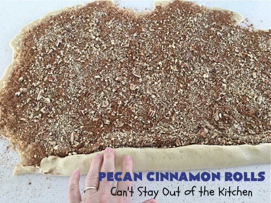 Pecan Cinnamon Rolls | Can't Stay Out of the Kitchen | these delightful #CinnamonRolls are light & fluffy & so easy since they're mixed & raised in the #breadmaker! They have a luscious #ButtercreamFrosting & a #cinnamon & #pecan filling that will make you swoon from the first bite! Great for a #holiday #breakfast like #Thanksgiving or #Christmas. #PecanCinnamonRolls