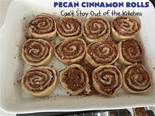 Pecan Cinnamon Rolls | Can't Stay Out of the Kitchen | these delightful #CinnamonRolls are light & fluffy & so easy since they're mixed & raised in the #breadmaker! They have a luscious #ButtercreamFrosting & a #cinnamon & #pecan filling that will make you swoon from the first bite! Great for a #holiday #breakfast like #Thanksgiving or #Christmas. #PecanCinnamonRolls