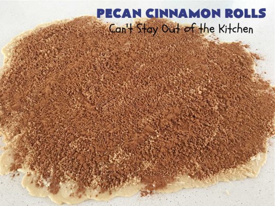 Pecan Cinnamon Rolls | Can't Stay Out of the Kitchen | these delightful #CinnamonRolls are light & fluffy & so easy since they're mixed & raised in the #breadmaker! They have a luscious #ButtercreamFrosting & a #cinnamon & #pecan filling that will make you swoon from the first bite! Great for a #holiday #breakfast like #Thanksgiving or #Christmas. #PecanCinnamonRolls