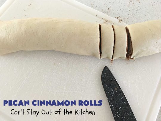 Pecan Cinnamon Rolls | Can't Stay Out of the Kitchen | these delightful #CinnamonRolls are light & fluffy & so easy since they're mixed & raised in the #breadmaker! They have a luscious #ButtercreamFrosting & a #cinnamon & #pecan filling that will make you swoon from the first bite! Great for a #holiday #breakfast like #Thanksgiving or #Christmas. #PecanCinnamonRolls