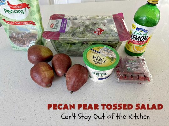Pecan Pear Tossed Salad | Can't Stay Out of the Kitchen | this festive & elegant #TossedSaladWithFruit is marvelous to the taste buds. The #raspberries & #pears add sweetness & the #FetaCheese & toasted #pecans provide a savory crunchiness that balances the #salad wonderfully. It's so easy to whip up making it perfect for weeknight dinners, company meals or even #holidays. Your family will be captivated after just one bite! #TossedSalad #GlutenFree #PecanPearTossedSalad