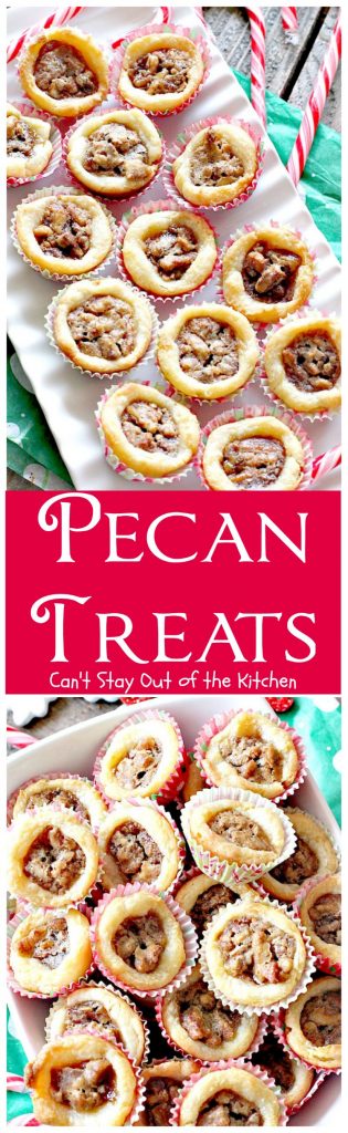 Pecan Treats | Can't Stay Out of the Kitchen | these miniature #pecanpies are our favorite #christmas #cookie. Everybody loves them. They have a cream cheese crust & #pecan & brown sugar filling to die for! #dessert