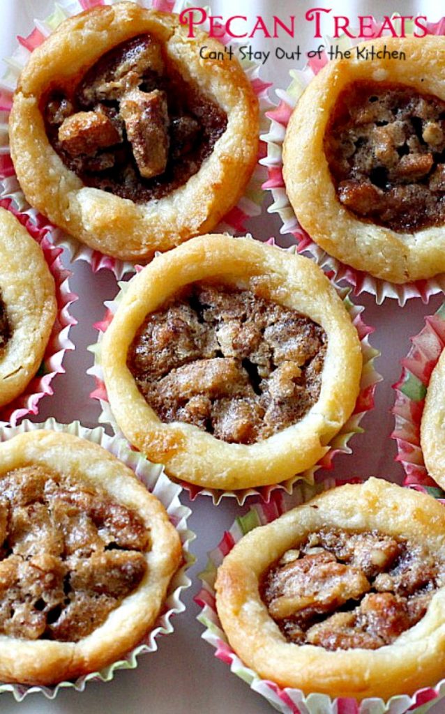 Pecan Treats | Can't Stay Out of the Kitchen | these miniature #pecanpies are our favorite #christmas #cookie. Everybody loves them. They have a cream cheese crust & #pecan & brown sugar filling to die for! #dessert