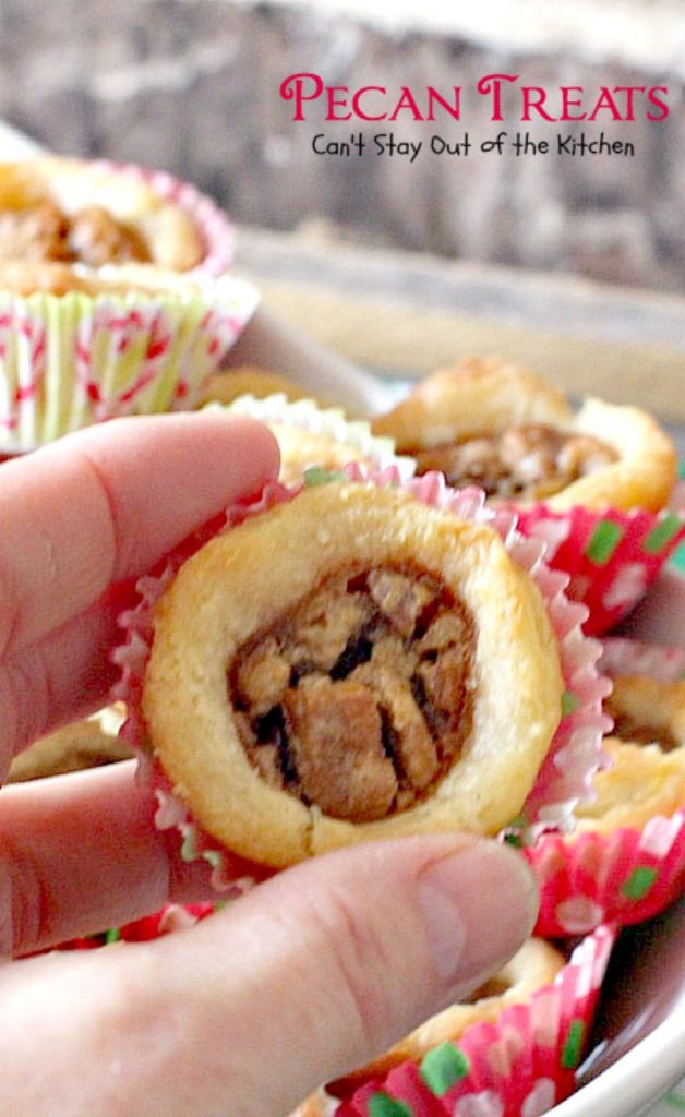 Pecan Treats | Can't Stay Out of the Kitchen | these miniature #pecanpies are our favorite #christmas #cookie. Everybody loves them. They have a cream cheese crust & #pecan & brown sugar filling to die for! #dessert