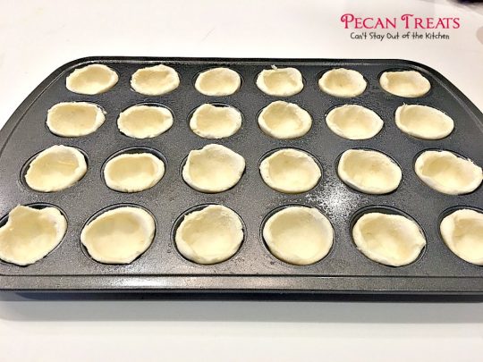 Pecan Treats | Can't Stay Out of the Kitchen | these miniature #pecanpies are our favorite #christmas #cookie. Everybody loves them. They have a cream cheese crust & #pecan & brown sugar filling to die for! #dessert