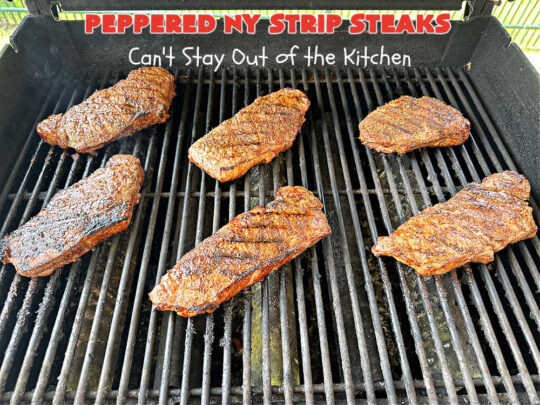 Peppered New York Strip Steaks | Can't Stay Out of the Kitchen | the next time you're #grilling #steaks, try them with this delicious #SteakRub. This easy, peasy #recipe can be ready for the #grill in about 5 minutes! Great for weeknight dinners. #beef #RibEyes #NewYorkStripSteaks #GlutenFree #healthy #PepperedNewYorkStripSteaks