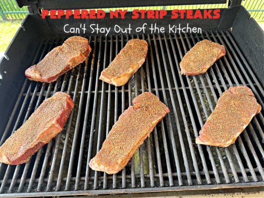 Peppered New York Strip Steaks | Can't Stay Out of the Kitchen | the next time you're #grilling #steaks, try them with this delicious #SteakRub. This easy, peasy #recipe can be ready for the #grill in about 5 minutes! Great for weeknight dinners. #beef #RibEyes #NewYorkStripSteaks #GlutenFree #healthy #PepperedNewYorkStripSteaks