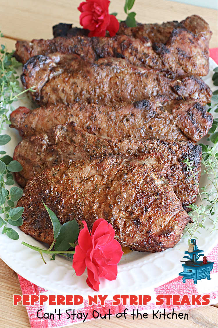 Peppered New York Strip Steaks | Can't Stay Out of the Kitchen | the next time you're #grilling #steaks, try them with this delicious #SteakRub. This easy, peasy #recipe can be ready for the #grill in about 5 minutes! Great for weeknight dinners. #beef #RibEyes #NewYorkStripSteaks #GlutenFree #healthy #PepperedNewYorkStripSteaks
