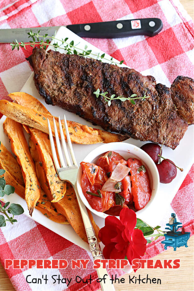Peppered New York Strip Steaks | Can't Stay Out of the Kitchen | the next time you're #grilling #steaks, try them with this delicious #SteakRub. This easy, peasy #recipe can be ready for the #grill in about 5 minutes! Great for weeknight dinners. #beef #RibEyes #NewYorkStripSteaks #GlutenFree #healthy #PepperedNewYorkStripSteaks