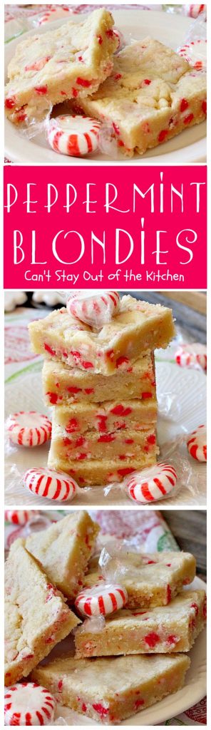 Peppermint Blondies | Can't Stay Out of the Kitchen | these amazing shortbread-type #cookies have #Andes #peppermint crunch baking chips. Fabulous for a #holiday #dessert.