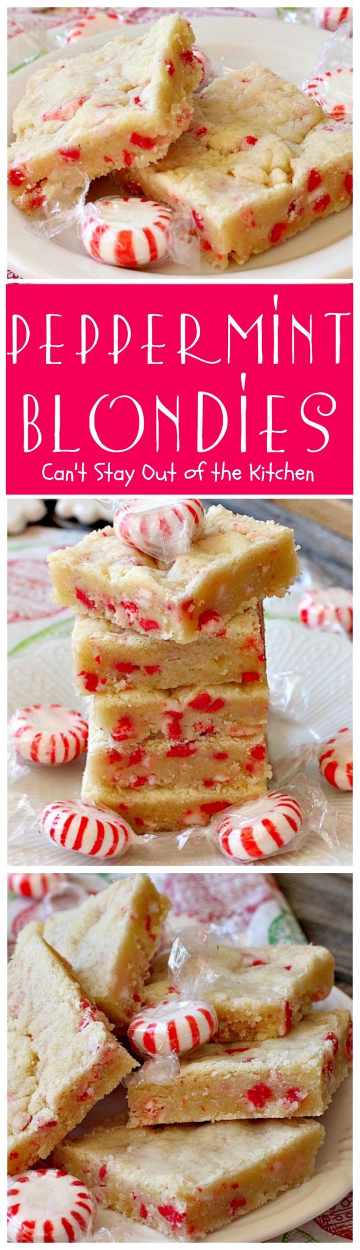 Peppermint Blondies | Can't Stay Out of the Kitchen | these amazing shortbread-type #cookies have #Andes #peppermint crunch baking chips. Fabulous for a #holiday #dessert.
