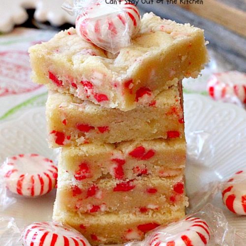Peppermint Blondies | Can't Stay Out of the Kitchen | these amazing shortbread-type #cookies have #Andes #peppermint crunch baking chips. Fabulous for a #holiday #dessert.