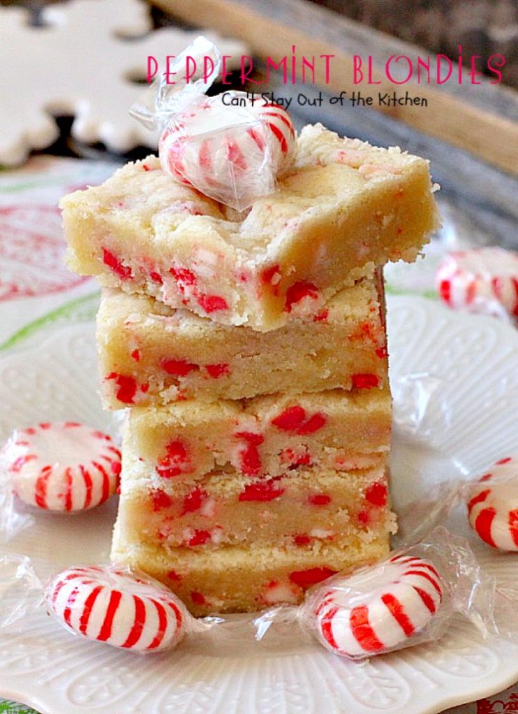 Peppermint Blondies | Can't Stay Out of the Kitchen | these amazing shortbread-type #cookies have #Andes #peppermint crunch baking chips. Fabulous for a #holiday #dessert.