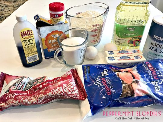 Peppermint Blondies | Can't Stay Out of the Kitchen | these amazing shortbread-type #cookies have #Andes #peppermint crunch baking chips. Fabulous for a #holiday #dessert.