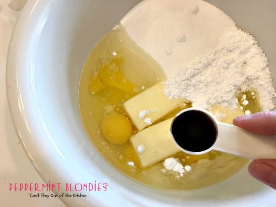 Peppermint Blondies | Can't Stay Out of the Kitchen | these amazing shortbread-type #cookies have #Andes #peppermint crunch baking chips. Fabulous for a #holiday #dessert.