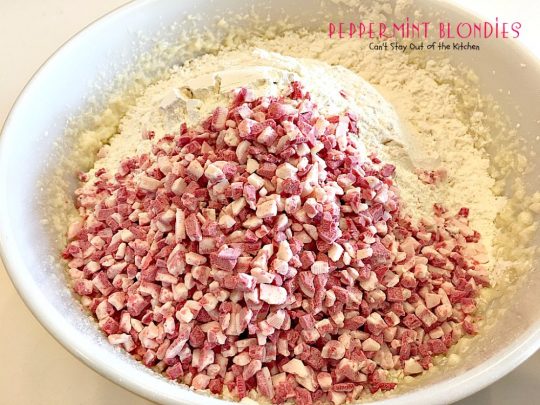 Peppermint Blondies | Can't Stay Out of the Kitchen | these amazing shortbread-type #cookies have #Andes #peppermint crunch baking chips. Fabulous for a #holiday #dessert.