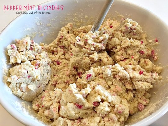 Peppermint Blondies | Can't Stay Out of the Kitchen | these amazing shortbread-type #cookies have #Andes #peppermint crunch baking chips. Fabulous for a #holiday #dessert.