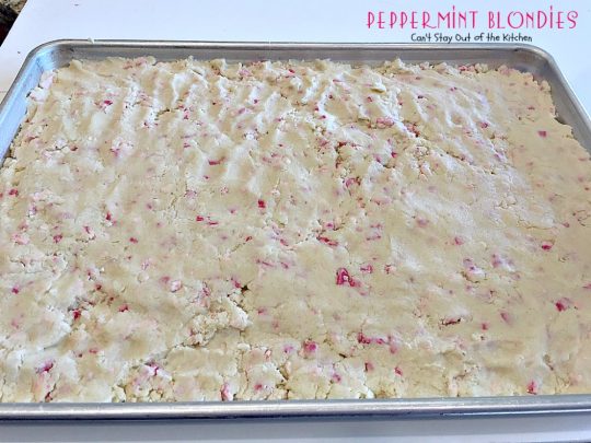 Peppermint Blondies | Can't Stay Out of the Kitchen | these amazing shortbread-type #cookies have #Andes #peppermint crunch baking chips. Fabulous for a #holiday #dessert.
