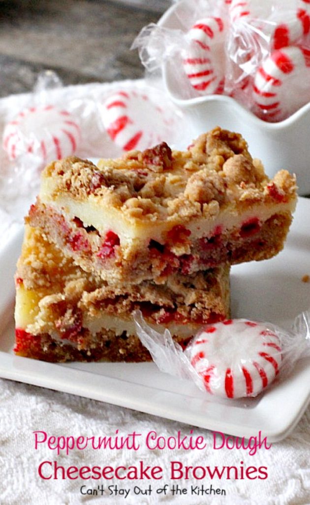 Peppermint Cookie Dough Cheesecake Brownies | Can't Stay Out of the Kitchen | these luscious #brownies are made with #Andes #peppermint baking chips & have a #cheesecake layer in the middle. Fantastic #dessert for the #holidays.