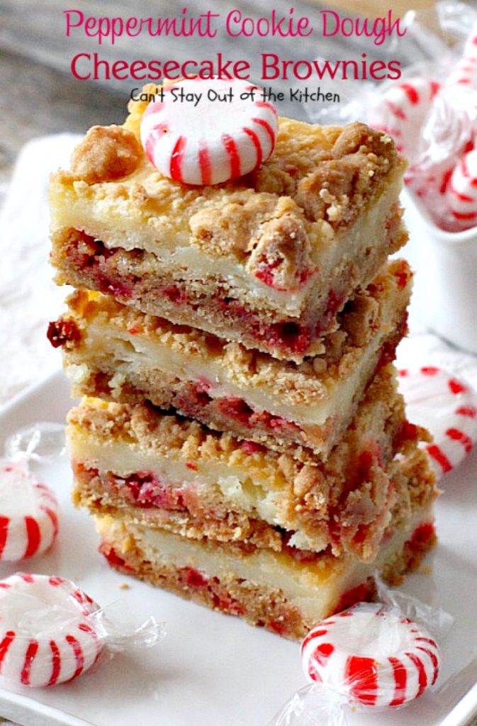 Peppermint Cookie Dough Cheesecake Brownies | Can't Stay Out of the Kitchen | these luscious #brownies are made with #Andes #peppermint baking chips & have a #cheesecake layer in the middle. Fantastic #dessert for the #holidays.
