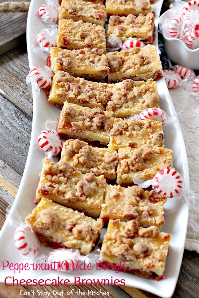Peppermint Cookie Dough Cheesecake Brownies | Can't Stay Out of the Kitchen | these luscious #brownies are made with #Andes #peppermint baking chips & have a #cheesecake layer in the middle. Fantastic #dessert for the #holidays.