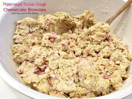 Peppermint Cookie Dough Cheesecake Brownies | Can't Stay Out of the Kitchen | these luscious #brownies are made with #Andes #peppermint baking chips & have a #cheesecake layer in the middle. Fantastic #dessert for the #holidays.