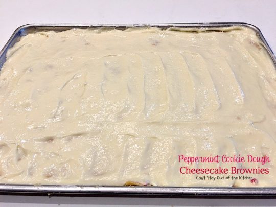 Peppermint Cookie Dough Cheesecake Brownies | Can't Stay Out of the Kitchen | these luscious #brownies are made with #Andes #peppermint baking chips & have a #cheesecake layer in the middle. Fantastic #dessert for the #holidays.