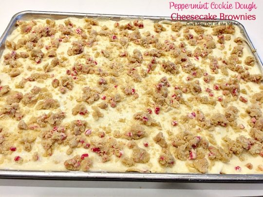 Peppermint Cookie Dough Cheesecake Brownies | Can't Stay Out of the Kitchen | these luscious #brownies are made with #Andes #peppermint baking chips & have a #cheesecake layer in the middle. Fantastic #dessert for the #holidays.
