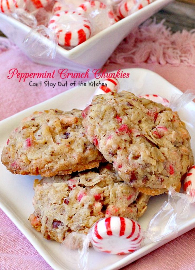 Peppermint Crunch Chunkies | Can't Stay Out of the Kitchen | these lovely oatmeal #cookies are filled with #coconut & #Andes #peppermint baking chips. They make an unbelievably heavenly #Christmas #dessert.