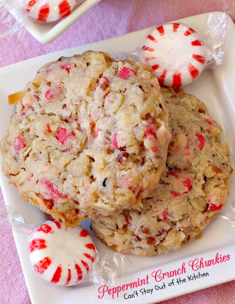 Peppermint Crunch Chunkies | Can't Stay Out of the Kitchen | these lovely oatmeal #cookies are filled with #coconut & #Andes #peppermint baking chips. They make an unbelievably heavenly #Christmas #dessert.