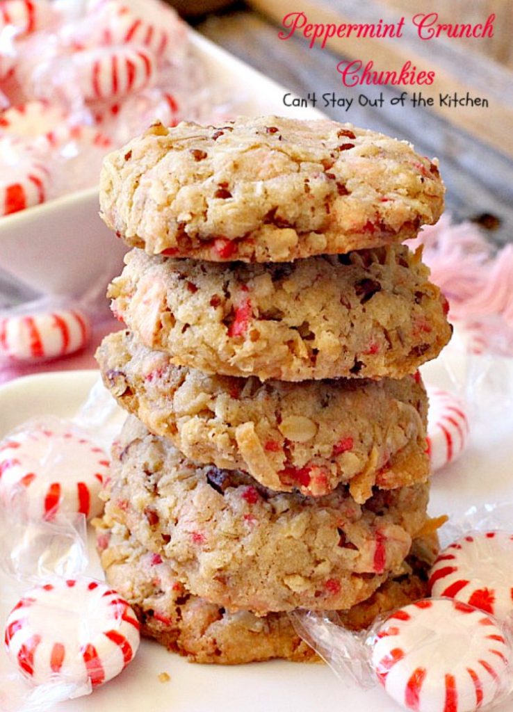 Peppermint Crunch Chunkies | Can't Stay Out of the Kitchen | these lovely oatmeal #cookies are filled with #coconut & #Andes #peppermint baking chips. They make an unbelievably heavenly #Christmas #dessert.