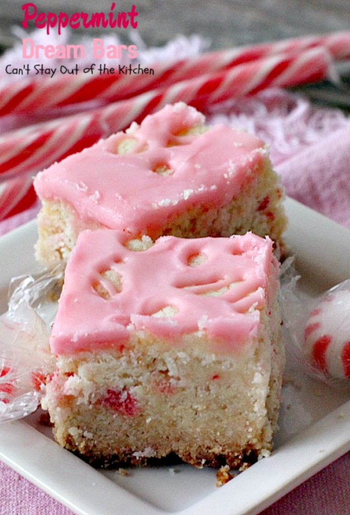Peppermint Dream Bars | Can't Stay Out of the Kitchen | these spectacular #cookies are based on the #ParadiseCafe #sugarcookie recipe. They include #andes #peppermint baking chips for an explosion of flavor. #dessert