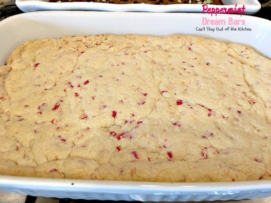 Peppermint Dream Bars | Can't Stay Out of the Kitchen | these spectacular #cookies are based on the #ParadiseCafe #sugarcookie recipe. They include #andes #peppermint baking chips for an explosion of flavor. #dessert