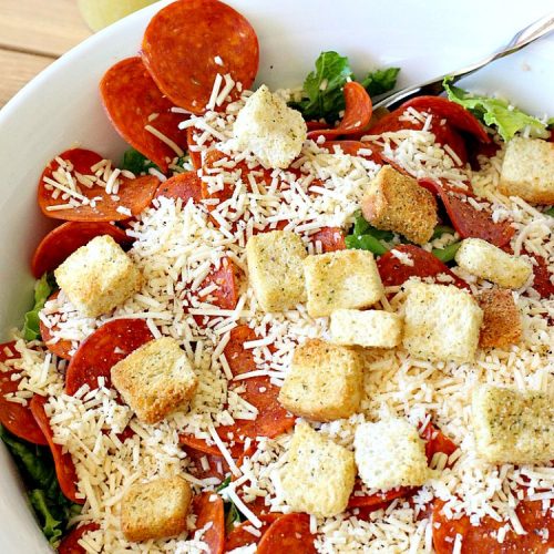 Pepperoni Caesar Salad | Can't Stay Out of the Kitchen | this scrumptious #salad has the deliciousness of #CaesarSalad but with the marvelous addition of #pepperoni! It takes only 10 minutes to make the salad & dressing, so it's quick & easy to prepare. #PepperoniCaesarSalad